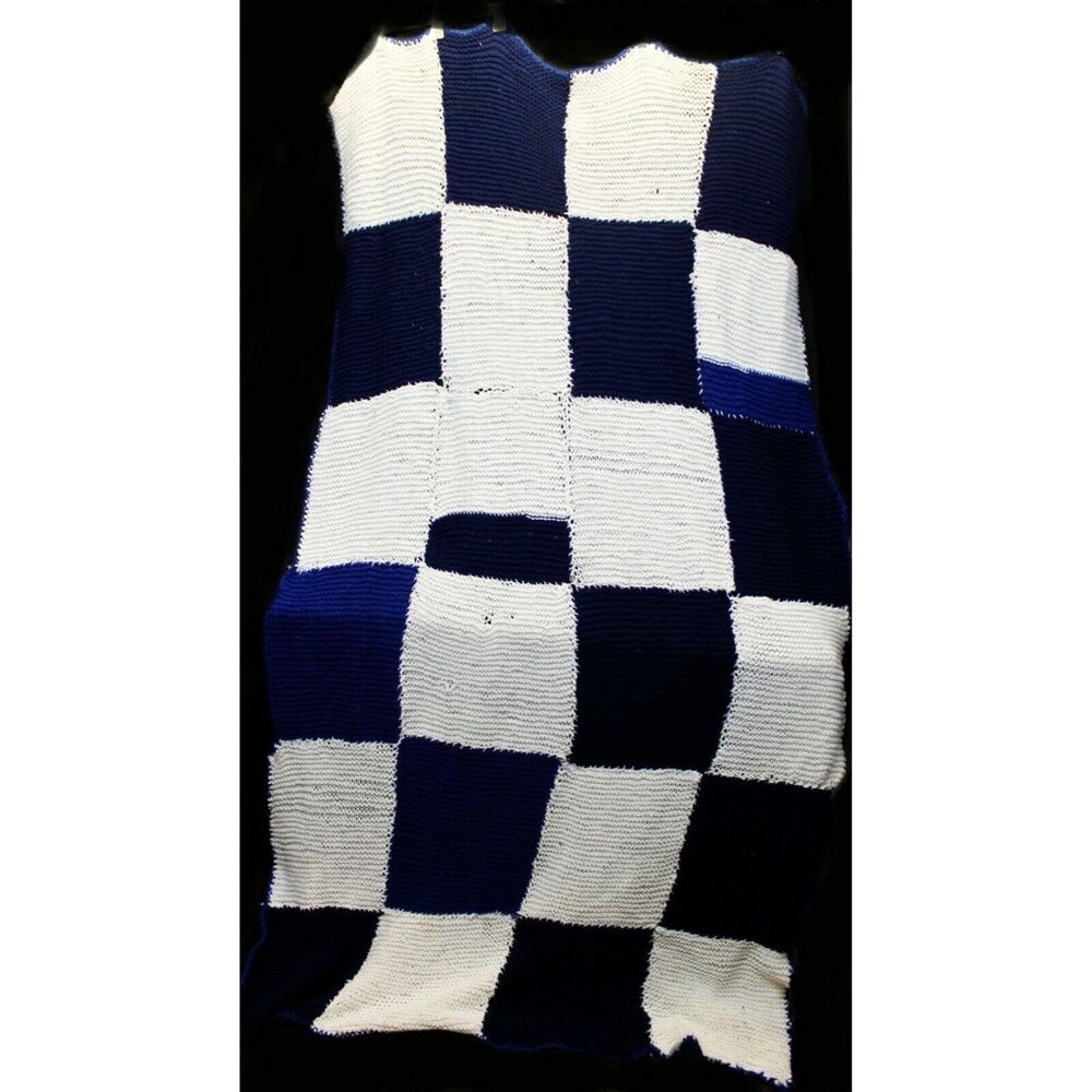 Hand Crochet Blue White Square Pattern Full/ Queen Size Blanket Throw Afghan